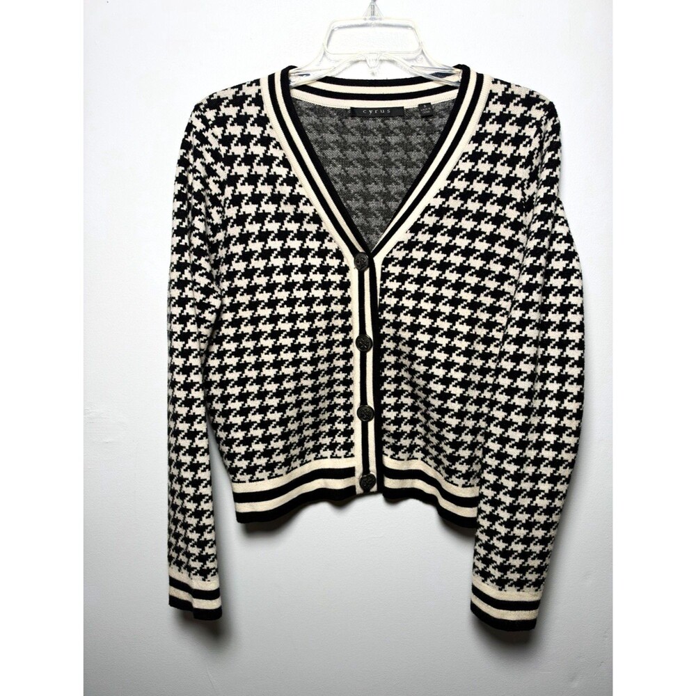 Cyrus Women’s S Black/White Houndstooth Knit V-Neck Button-Front Cardigan